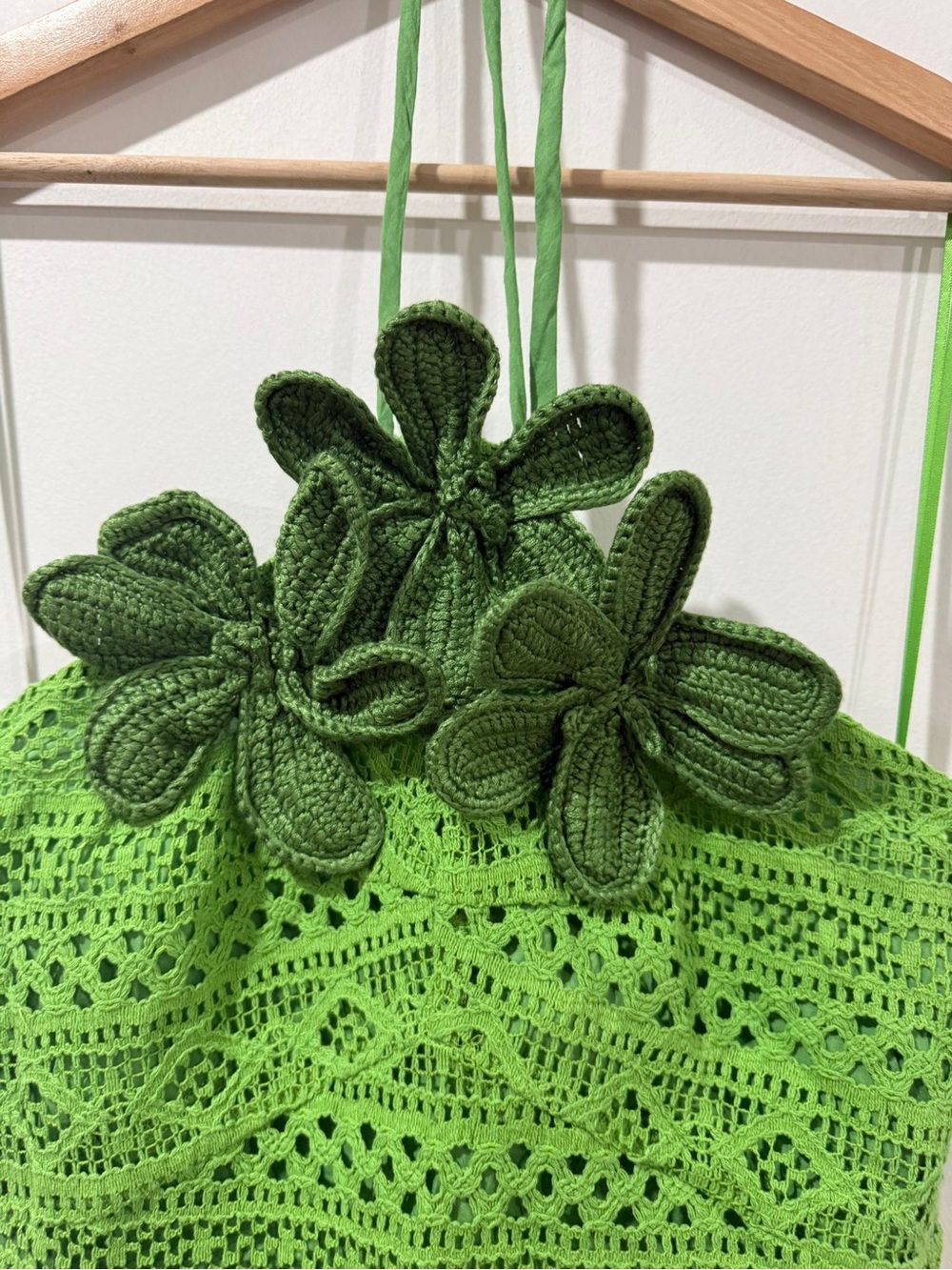 Farm Rio for Anthropologie Green Crochet Floral Halter Mini Dress Size M NWT - Picture 12 of 15